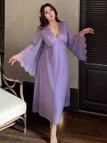 Dazy Plus Áo ngủ maxi dài tay bằng chiffon gợi cảm phối ren tương phản dành cho nữ cỡ lớn, thích hợp cho mùa xuân/hè. - Màu tím - Xem 7