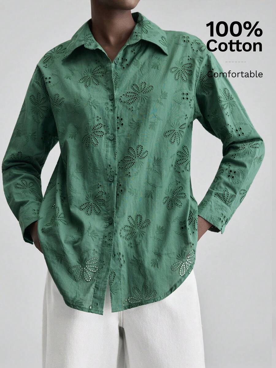 Ontre 女士绿色刺绣长袖衬衫，面料优雅，适合婚礼宾客穿着，简约浪漫的法式风格，奢华都市时尚商务休闲办公装，高品质机场及邮轮时尚之选。 - 綠色 - 查看 1