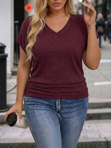 EMERY ROSE Áo thun nữ cỡ lớn mới về, cổ chữ V, xếp ly, dáng rộng, phong cách thường ngày. - Màu đỏ tím - Xem 1