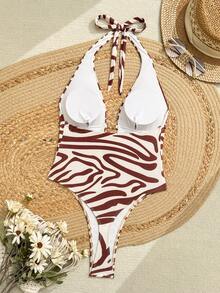 Bonvoyette Nuovo costume da bagno elegante monopezzocon taglio alto, allacciatura e perizoma, adatto per vacanze e spiaggia in primavera/estate, con stampa floreale o di animali , decorazione in metallo - Multicolore - Visualizzare 4