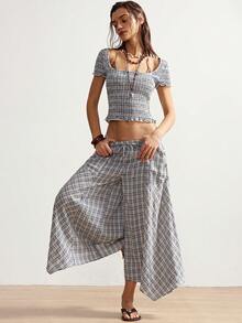 Bohemela Women's Woven Plaid Pants, Spring/Summer - Blue - View 2