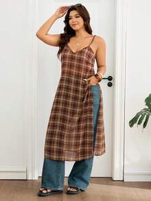 Lounesse 大码连衣裙，女士大码高开衩时尚上衣衬衫，休闲百搭格子衬衫，长款格子衬衫裙，女士夏季连衣裙 - 黑色 - 查看 5