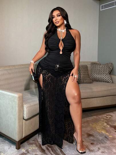 NU&NOW 2026夏季新款加大码女装纯黑色性感镂空金属扣设计无袖连衣裙