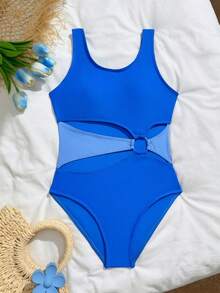 海军蓝和淡蓝色撞色镂空设计少女连体泳衣 - 霧霾藍 - 查看 2