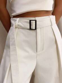 Anewsta Spring New Year Modern Women Flared Pants With Belt, White Trousers - White - View 5