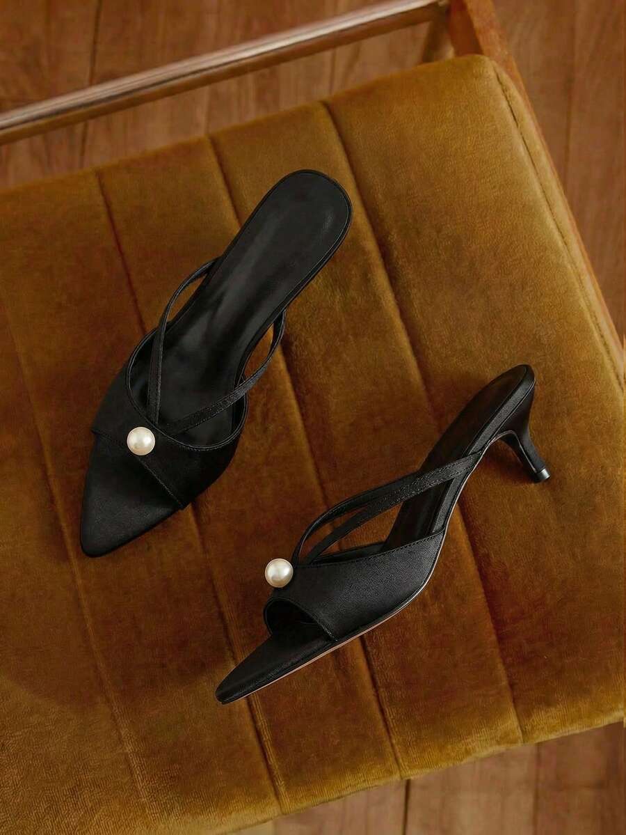软底法式性感穆勒鞋，细跟，露趾，充满夏日仙气的高跟凉鞋，2025新款，猫跟 - 黑色 - 查看 1