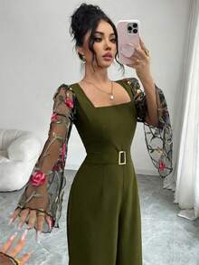 Rafferiza 2026 Frühling/Sommer Neuer eleganter minimalistischer Langarm Jumpsuit für Frauen mit besticktem Mesh-Einsatz, taillierter Passform und Metallknöpfen - Armeegrün - Übersicht 5