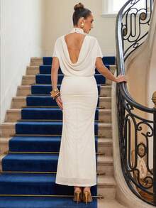 Lumalex 女士纯色露背褶皱修身优雅连衣裙 - 杏色 - 查看 5