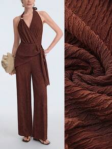 Aalyst Women's Fashion Knitted Halter V-Neck Metal Buckle Criss-Cross Tie Waist Slim Fit Jumpsuit, Elegant Casual Vacation Party Commute Outfit - Brown - View 2