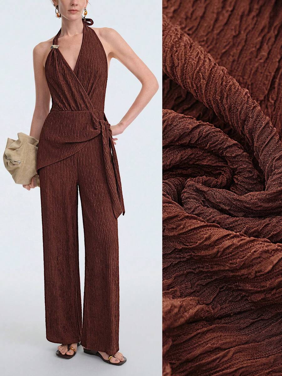 Aalyst Women's Fashion Knitted Halter V-Neck Metal Buckle Criss-Cross Tie Waist Slim Fit Jumpsuit, Elegant Casual Vacation Party Commute Outfit