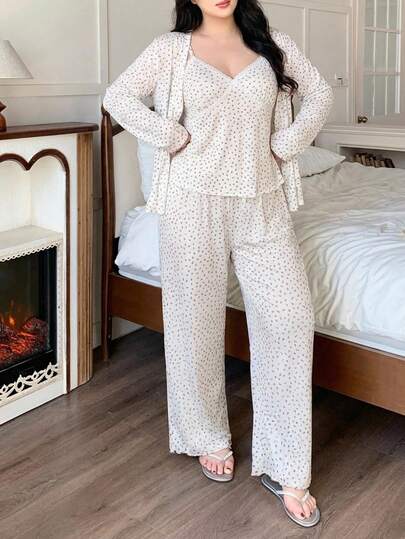 Dazy Plus 三件套碎花睡衣套装，包括宽松吊带背心、开襟羊毛衫和长裤，优雅大码女士春夏睡衣。