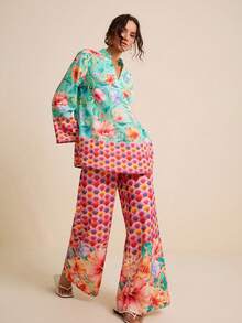 LOTSLUV 女士绿色和玫瑰红波西米亚风优雅印花宽松衬衫，春夏款 - 彩色 - 查看 5