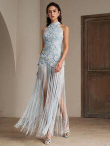 Anewsta 夏季新款浪漫派对沙滩时尚提花串珠流苏吊带罩衫，高端无袖流苏网纱提花不对称长款罩衫，浅蓝色 - 淺藍色 - 查看 2