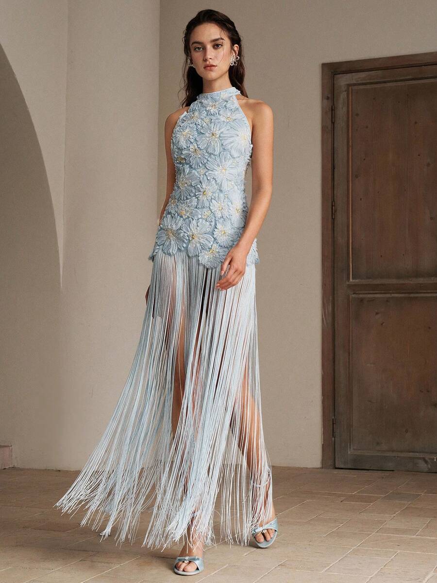 Anewsta Summer New Romantic Party Beach Fashionable Jacquard Beaded Tassel Halter Neck Coverup, High-End Sleeveless Tassel Mesh Jacquard Asymmetrical Long Coverup In Light Blue - Baby Blue - View 1