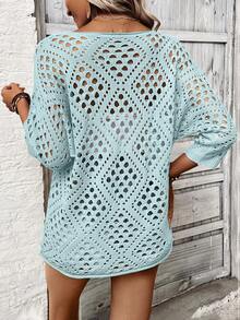 Breezaya Blusa holgada de mujer de manga 3/4 con diseño calado de punto - Azul - Ver 2