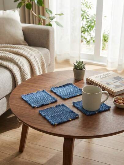 Cirelle Handwoven Coaster Set Of 4 - Blue Heat-Resistant Mat For Teacups, Minimalist Table Decor For Home & Cafe