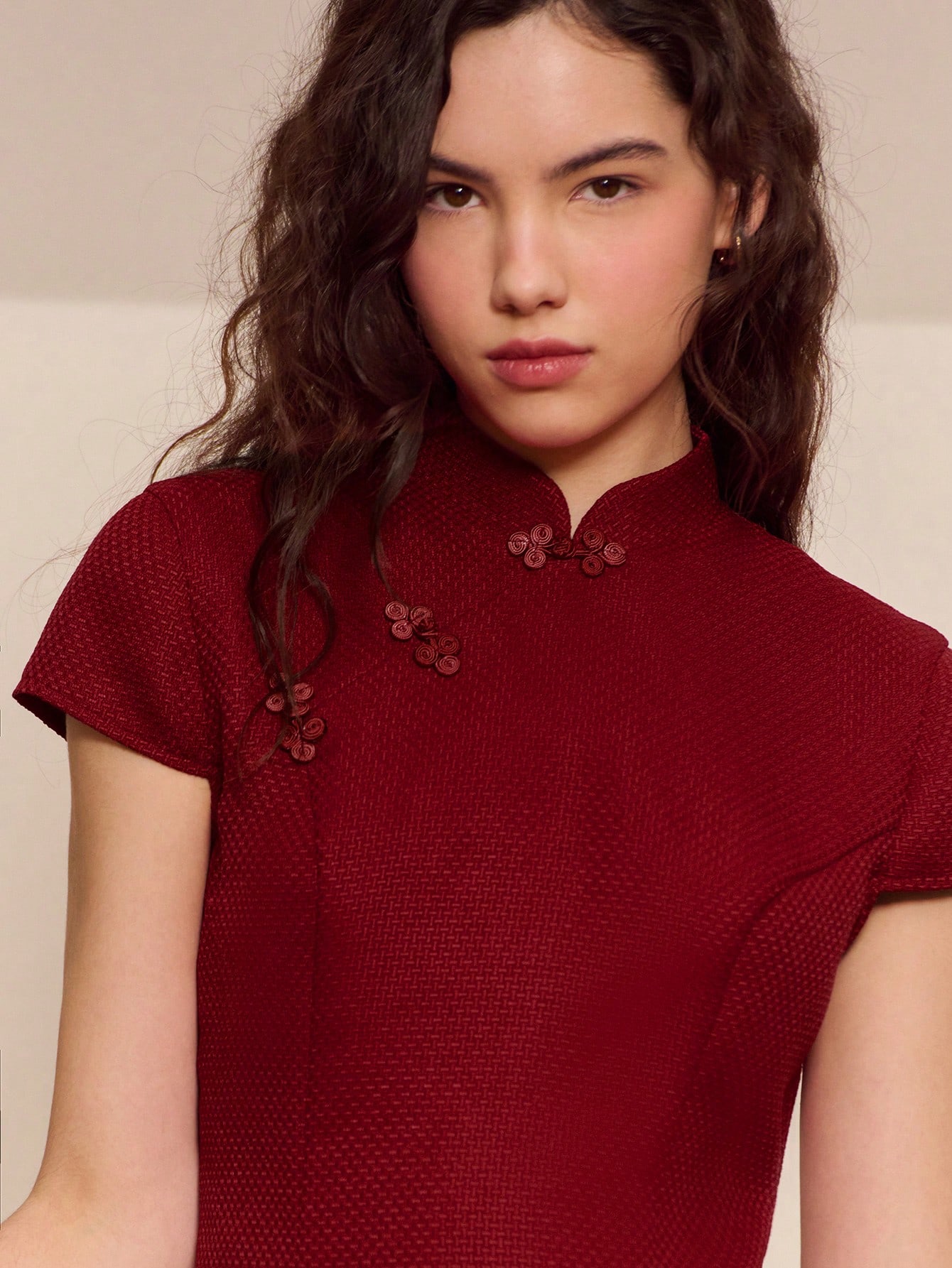 Elegant Festive Red Tweed Mandarin Collar Mini Dress Ideal For Christmas