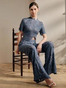 Anewsta Women's Asymmetric Collar Hollow Floral Cover Up And Flare Pants Set, Summer - Navy Blue - View 3