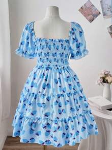 Sweetra 大码菱形领褶皱草莓印花拼接短袖女式连衣裙 - 彩色 - 查看 2