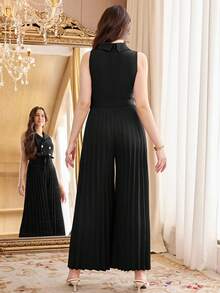 Teen Girls Casual Commute Elegant Black Lapel Double-Breasted Belted Waistcoat Pleated Wide Leg Jumpsuit/Wedding Guest Outfit, Suitable For Occasions Like Holidays, Parties, Weddings, Back To School, Graduation - Black - View 2
