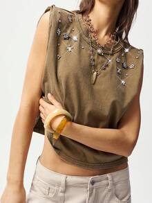 Bohemela Áo tank top nữ cổ tròn dệt kim màu trơn phong cách Boho, đính đá lấp lánh, kiểu dáng ôm sát. - Màu nâu  Mocha - Xem 1