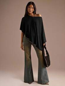 SHEIN BAE 女士夏季时尚不对称亮面上衣 - 黑色 - 查看 8