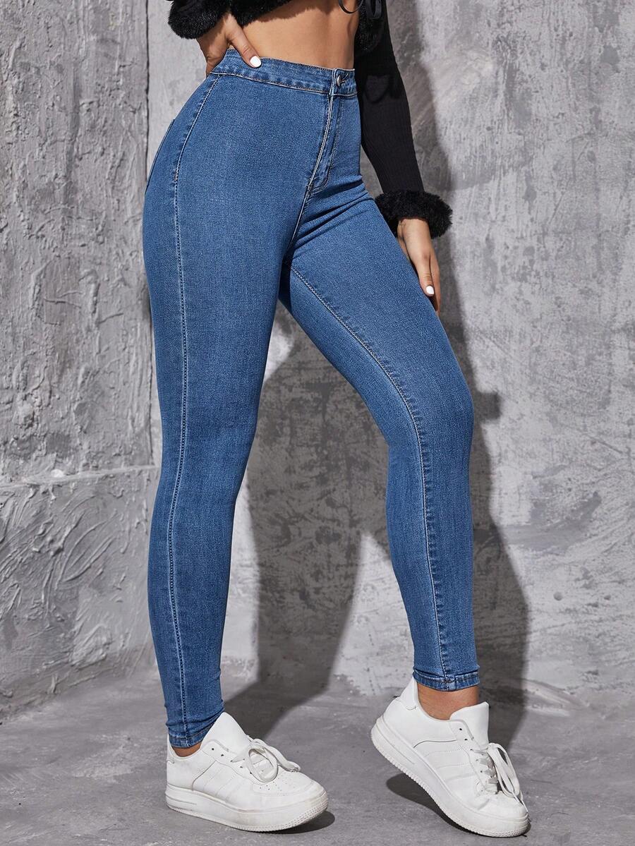 SHEIN Tall 女士休闲高腰弹力修身牛仔裤 - 藍色 - 查看 1