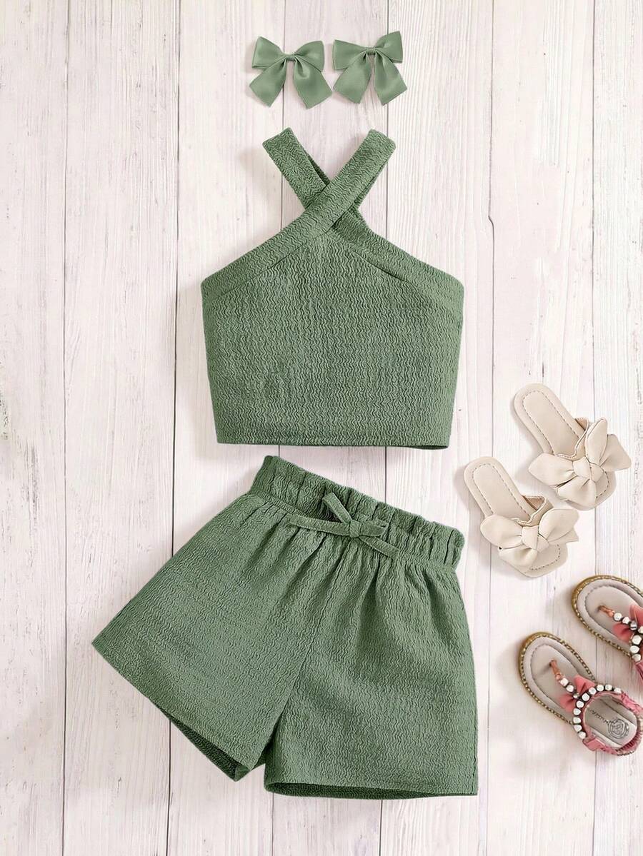 Emery Rose Kids Emery Rose Kids Young Girl Knitted Solid Color Sleeveless Top And Shorts 2 Pieces Set Girls Sage Green Outfit Linen Two Piece Set Mint Green Two Piece Set Little Girl,Kids - Army Green - View 1