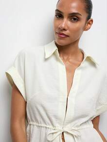 Maija 2pcs White Women's Cinched Waist Ruched Tie-Up Vacation Set, Spring/Summer Beach Outfit Wedding Holiday Outfits - White - View 8