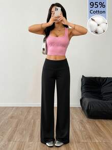 SHEIN EZwear 黑色高腰阔腿宽松休闲裤 - 黑色 - 查看 6