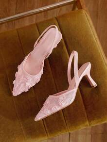 女士两穿网眼花卉包头凉鞋，7 厘米细高跟尖头罗马休闲一脚蹬鞋，优雅踝带高跟鞋 - 粉色 - 查看 2