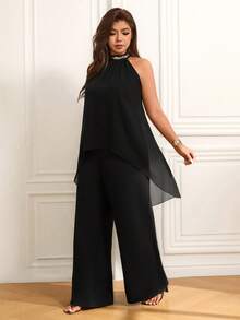 Femmeverse Bộ đồ 2 mảnh dành cho nữ cỡ lớn, xếp ly, cổ yếm, đính sequin và phối nhiều mảnh, quần ống rộng cạp cao dáng suông. - màu đen - Xem 8