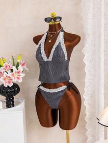 Zestiva Women's Beach Music Polka Dot Lace Trim Tie Front Tankini Swimsuit Set, Cute Style For Spring/Summer - Multicolor - View 4