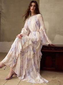 MOTF PREMIUM 春夏新款紫色粉色花卉印花长袖圆领宽松荷叶边下摆优雅浪漫飘逸度假风长连衣裙 - 紫色 - 查看 7