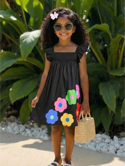 Cute Floral Ruffle Hem Loose A-Line Casual Dress For Girls, Suitable For Vacation, Home, Outdoor, Back To School, Spring/Summer