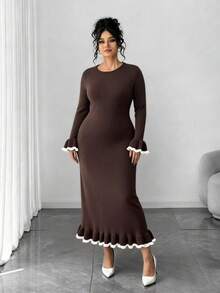 Elenzga Vestido de punto con bloque de color, volantes y elegante para talla grande - Café integral - Ver 4