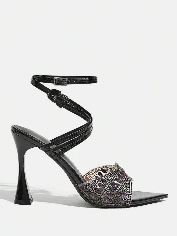 CUCCOO TILAWA Black Diamond Decor Criss-Cross Strap High Heel Sandals, Featuring Chic And Glamorous Styles, Suitable For Sophisticated Women Seeking Fashionable And Elegant Outfits, Can Be Paired With Dresses Or Pants For Dates, Parties, And Professional Occasions (Fashion-Oriented Workplaces) Summer Shoes
