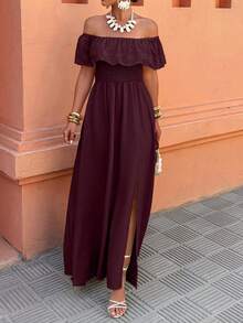 Selianne Women's Off-Shoulder Ruffle Patchwork Vacation/Casual Dress, Spring/Summer - Burgundy - View 4
