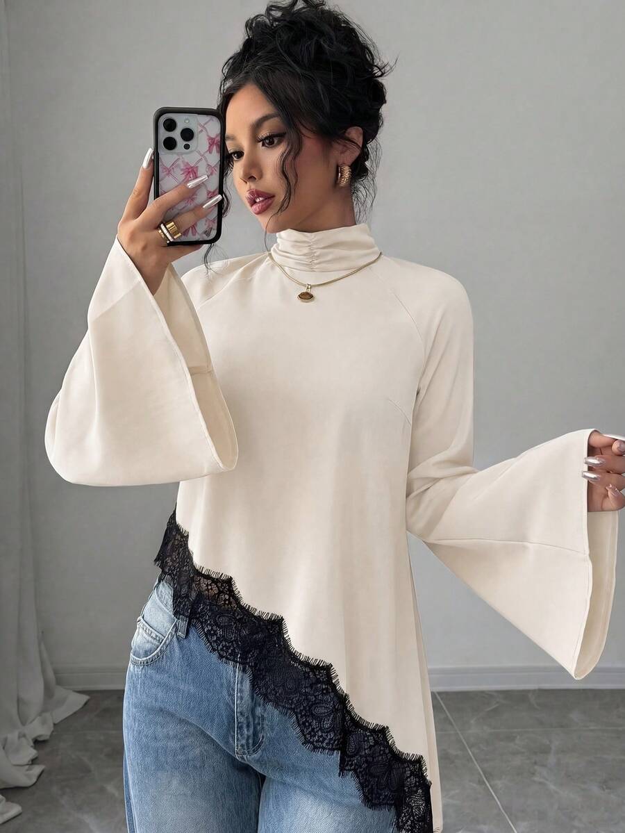 Elenzga Women's Asymmetric Hem Long Sleeve Contrast Lace Blouse - Apricot - View 1