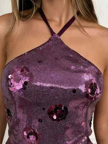 Zyxie Women's Sexy Backless Sequin Tie-Front Halter Top, Suitable For Nightclub Party - Purple - View 7