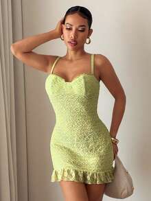 Slaydiva Đầm mini ôm sát, gợi cảm, thanh lịch, thích hợp cho kỳ nghỉ hè, sinh nhật, hẹn hò, dạo phố, dây mảnh, ren. - màu xanh lá - Xem 3