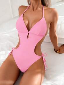 Oceva Solid Color Sexy Halter One-Piece Swimsuit For Beach & Summer - Pink - View 3