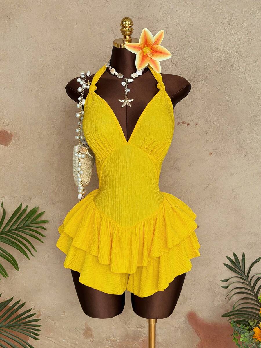 Sunspun Sexy Deep V Neck Backless Layered Ruffle Hem Jumpsuit, Yellow Jumpsuit, Elegant Party Jumpsuit, Summer Jumpsuit, Summer Holiday Outfit, Women's Beach Wear, Vacation Jumpsuit, Women's Casual Jumpsuit, Body-Con Tight Jumpsuit - Yellow - View 1