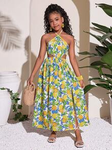 Tween Girls' Tropical Fruit Pattern Cute Lemon & Leaf Print Backless Waist Hollow Long Beach Vacation Dress - Multicolor - View 1