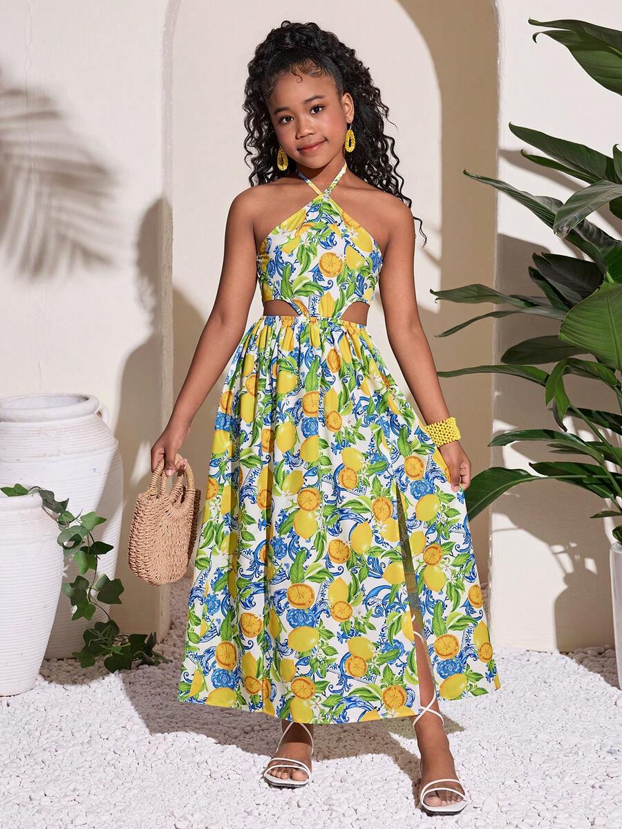Tween Girls' Tropical Fruit Pattern Cute Lemon & Leaf Print Backless Waist Hollow Long Beach Vacation Dress - Multicolor - View 1