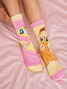 My Little Pony X SHEIN 3双装不对称袜子，柔软透气吸湿，休闲不对称设计，中筒袜，甜美卡通图案，时尚可爱糖果色，女士及女孩袜子，加固趾部和脚跟，经久耐穿，四季皆宜，百搭夏季冬季，图案袜子，Y2K风格，糖果色。 - 彩色 - 查看 7
