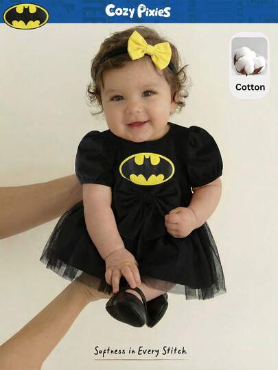 BATMAN X Cozy Pixies Baby Girl Round Neck Petal Sleeve Waist Cinched Dress, Versatile & Comfortable Baby Halloween Dress Black Dresses For Baby Girls Short Sleeve Toddler Dress Toddler Black Dresses Tutu Dress For Toddler