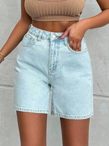 SHEIN High Waist Elastic Waistband Denim Baby Blue Woman Plus Size Short - Light Wash - View 3