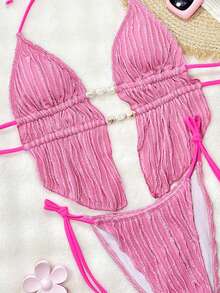 Bonvoyette 女士夏季纯色提花面料吊带露背抽绳系带挂脖性感可爱少女沙滩比基尼泳衣套装 - 粉色 - 查看 3