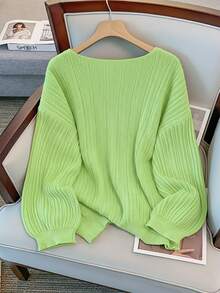 GlowEve CURVE 大码优雅V领落肩长袖套头毛衣 - 薄荷綠 - 查看 2